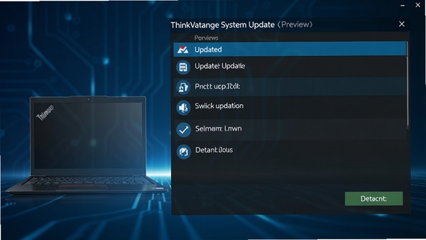 ThinkVantage System Update����������Ԥ��ͼ��չʾ���ĸ����б����ⰴť������Ϊ����ɫ�Ƽ��н��䣬���������ThinkPad�ʼǱ����������������������ͻ��ϵͳ������������������