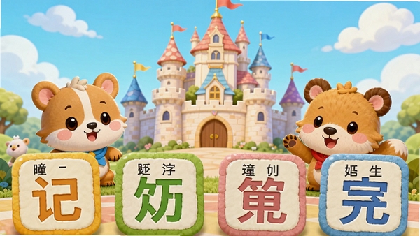 童话识字乐园主界面预览图,画面以明亮温馨的卡通童话城堡为背景,前景是可爱的动物主角和几个带拼音的大字块,整体色彩鲜艳活泼,风格清新,适合儿童教育软件的主视觉展示