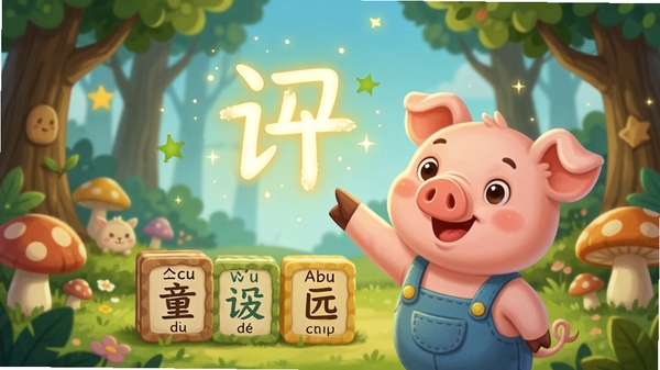 童话识字乐园故事化教学场景示意图,画面中一只可爱的小猪正在指着空中一个发光的汉字,周围是童话森林的背景,字块下方有拼音标注,画面充满童趣和互动感