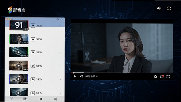 91影音盒主界面预览图,展示其简洁的视频列表布局与高清播放画面,背景为深色科技感氛围,强调软件的流畅与专业