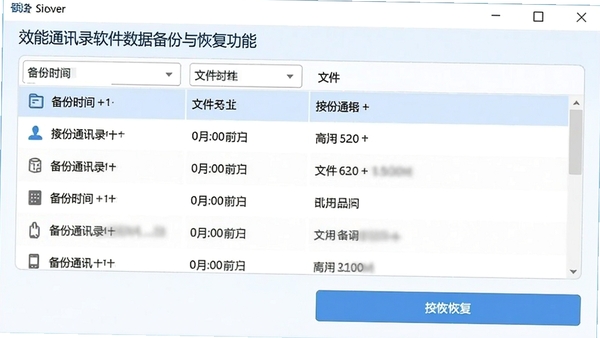 效能通讯录软件的数据备份与恢复功能界面,显示备份文件列表,包含备份时间、文件大小信息,有备份和恢复按钮,界面风格简洁清晰,背景为干净的纯色
