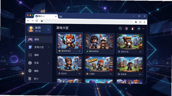 糖果游戏浏览器主界面预览图,画面中央是深蓝色调的浏览器窗口,窗口内显示游戏大厅列表,左侧有账号管理和辅助工具侧边栏,背景是带有科技感的几何线条,整体风格明亮清晰,突出软件的游戏工具属性