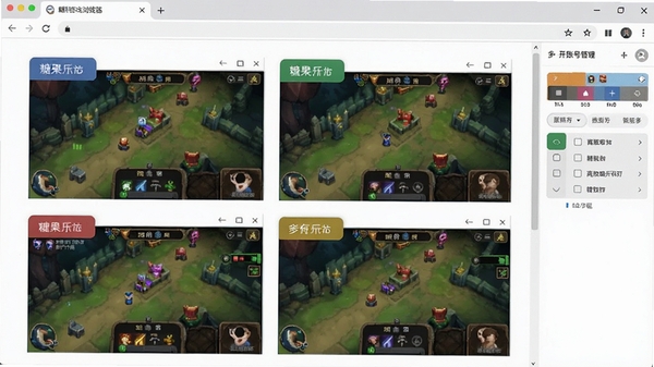 糖果游戏浏览器多开账号管理功能截图,画面显示浏览器主界面中同时打开四个游戏窗口,每个窗口左上角都有不同颜色的标签标识,右侧有窗口切换控制面板,整体布局整洁,突出高效管理多账号的场景