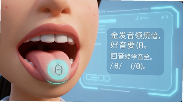 金晨动画学音标动画口型演示的特写画面,屏幕左侧显示一个3D卡通嘴巴模型,正在发/θ/音,舌头位置高亮显示,右侧有发音要领文字提示,背景为淡蓝色科技感界面,整体风格专业又亲和,适合教育软件配图