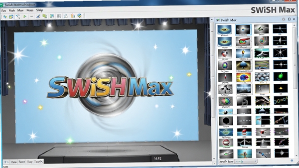 չʾSWiSH Max�����زĿ�Ľ����ͼ���Ҳ�չ��������Ԥ�趯��Ч���б���������̨��һ���ı�����Ӧ����3D��ת����Ч��������Ϊ����ɫ���䣬�߹��׺����������SWiSH Max�����Ͻǣ����廭��ɫ�ʷḻ��ϸ�����������廭��