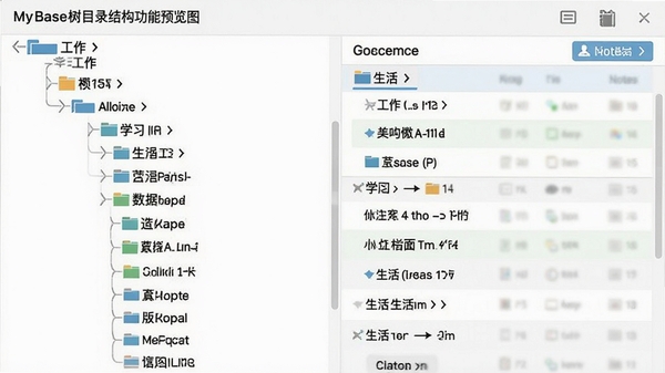 MyBase树形目录结构功能预览图,展示多级分类展开状态,包含工作、学习、生活等主节点及其子分类,右侧显示对应笔记列表,界面清晰直观