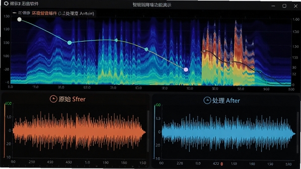 迅音软件智能降噪功能演示,界面显示原始波形与处理后的波形对比,背景有频谱图,突出环境噪声被过滤的视觉效果