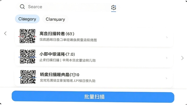 明快二维码识别历史记录界面,以列表形式展示多条扫描记录,每条记录有二维码缩略图和内容摘要,顶部有搜索框和分类标签,底部有批量扫描按钮,背景为白色,整体布局清晰,强调记录管理与批量处理能力