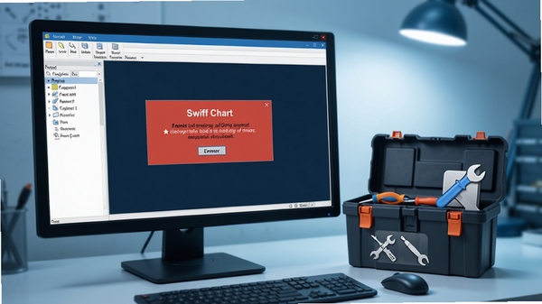 Swiff Chart软件报错修复场景,显示电脑屏幕上有错误提示框,旁边有工具箱和修复工具图标,背景为简洁工作台,色调冷静