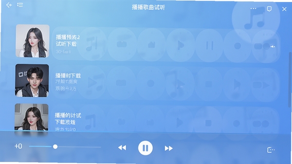 播播歌曲试听下载主界面预览图,展示其简洁的歌曲列表与播放控制区域,背景为柔和的渐变蓝色调,突出软件的清爽与专业感