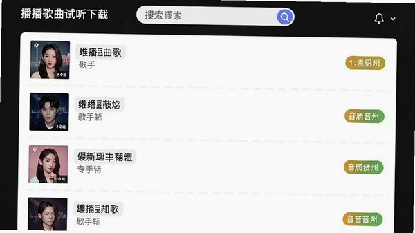 播播歌曲试听下载的搜索结果界面,展示多首歌曲的列表信息,包括歌曲名、歌手、专辑和音质标签,界面设计简洁明了