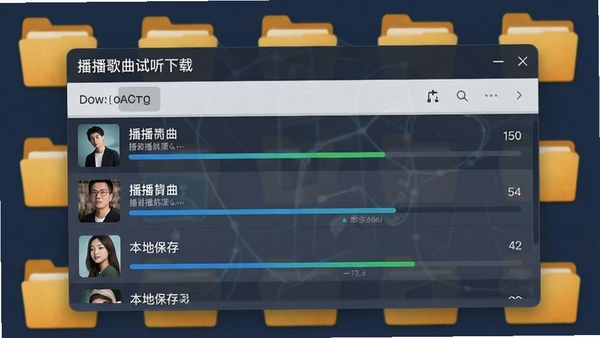 播播歌曲试听下载的下载任务管理界面,显示正在下载的歌曲列表及进度条,背景有文件夹图标元素,突出本地保存的便捷性