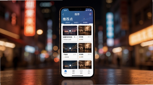 纽爱软件主界面预览图,画面中心是一部智能手机,屏幕上显示着纽爱APP的首页推荐列表,背景是模糊处理的都市夜景霓虹灯光,整体色调温馨且充满科技感,风格写实,光影细腻