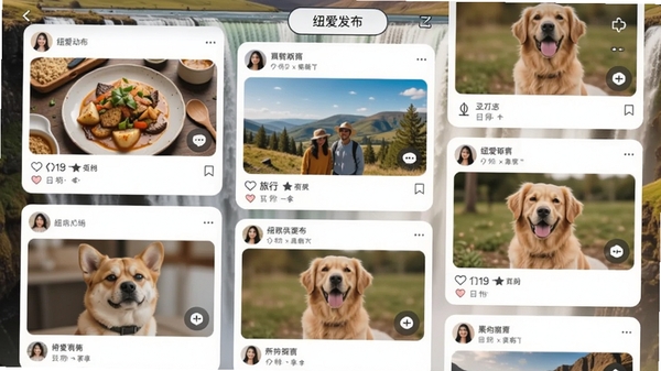 纽爱动态广场界面截图,背景是瀑布流形式的好友动态卡片,包含美食、旅行、宠物等生活照片,顶部有发布按钮,整体界面清爽简洁,风格明亮温暖,突出社交分享的氛围