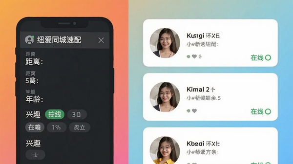 纽爱同城速配功能展示图,画面采用分屏设计,左侧是筛选条件面板,包含距离、年龄、兴趣标签,右侧是匹配到的用户卡片列表,每个卡片上都有头像和在线状态,背景为简约渐变色,风格扁平化,色彩明快
