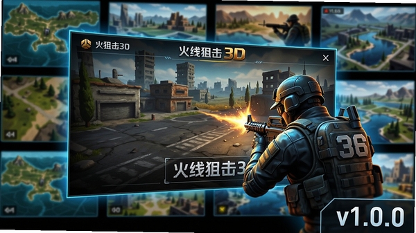 火线狙击3D 更新内容预览图,展示游戏主界面,版本号v1.0.0在角落显示,背景为多张地图的缩略图,色彩鲜明,具有科技感