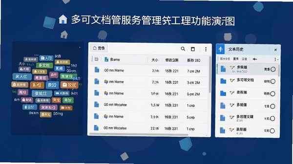 多可文档管服务管理工具文档管理功能演示图,画面中央显示文件列表,包含文件名、大小、修改日期等列,左侧为分类标签云,右侧显示文件版本历史记录,整体风格为扁平化设计,色彩明亮清晰