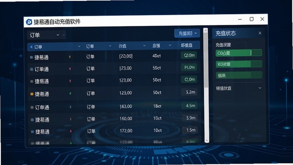 捷易通自动充值软件主界面截图,展示清晰的订单列表和充值状态面板,背景为简洁的深蓝色科技感桌面,整体风格专业且现代