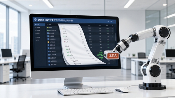 捷易通自动充值软件订单自动处理流程图,画面中央显示电脑屏幕中的订单列表自动滚动,右侧机器人手臂快速完成充值动作,背景为明亮的现代办公室环境