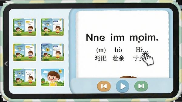 金苗电脑点读机同步教材点读功能界面,左侧显示彩色课本缩略图,右侧是放大显示的课文页面,鼠标指针指向一个英文句子,句子下方出现音标和中文翻译,底部有播放控制按钮,界面设计简洁清晰,适合儿童使用,色彩柔和