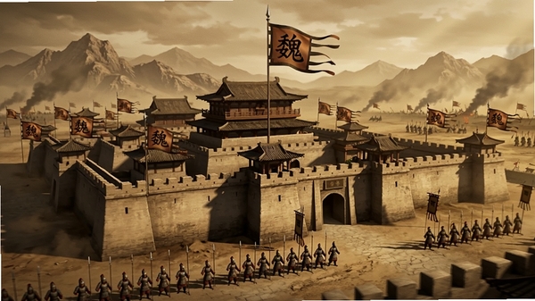 三国战争游戏主城界面,画面中央是一座宏伟的古代城池,城墙上飘扬着“魏”字旗帜,远处是连绵的山脉和战场,近处有士兵列队巡逻,整体色调偏黄褐,营造出三国乱世的苍凉与壮阔,画面细节丰富,光影效果真实,风格写实,适合作为游戏宣传图。