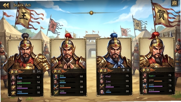 三国战争武将界面,屏幕上展示着多个三国名将的半身像,每个武将都有精美的立绘和属性面板,背景是军营和战旗,画面明亮清晰,UI设计简洁,突出武将的霸气形象,适合作为游戏功能展示图。