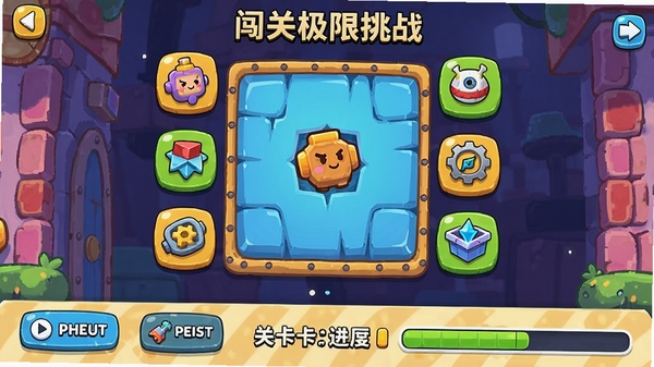 闯关极限挑战游戏内关卡截图,屏幕上显示一个有趣的谜题场景,画面中有多个可交互的道具图标,色彩鲜明,UI设计简洁,下方有提示按钮和关卡进度条