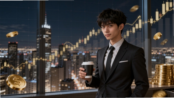 画面中心展示一位身穿西装、手持咖啡杯的年轻商业精英站在摩天大楼落地窗前,俯瞰繁华城市夜景,背景有股票走势图和金币特效,整体色调为金色与深蓝,突出财富与奋斗主题,画面细节丰富,光影层次分明,适配Boogu模型生成。