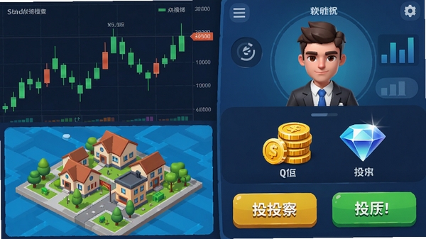 游戏界面截图风格,左侧显示股票K线图和房产地图,右侧是角色操作面板,中间有金币和钻石图标,下方有投资按钮,整体UI设计简洁现代,色彩明亮,突出商业模拟元素。
