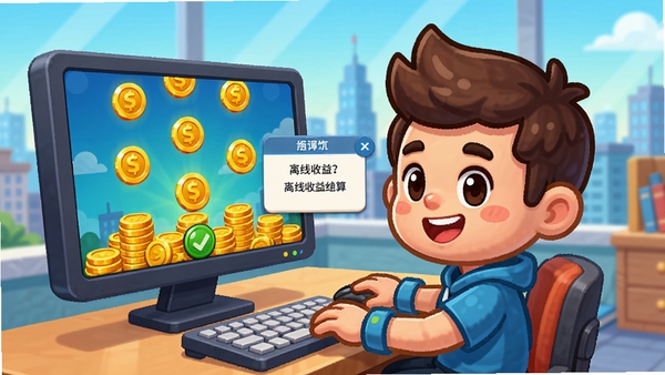 游戏场景展示,一位卡通角色坐在办公室电脑前,屏幕上有金币掉落动画,旁边有离线收益结算弹窗,背景是城市天际线,整体画风明亮可爱,色彩鲜艳,突出放置玩法的轻松感。