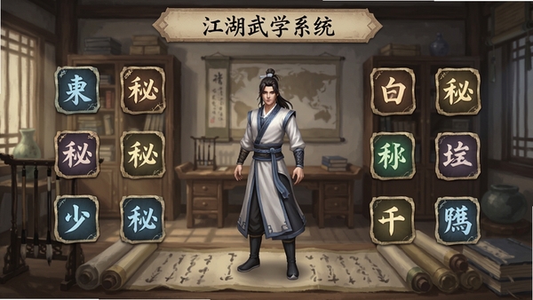 ����ǽ�����ѧϵͳ���棬չʾ�����书�ؼ�ͼ�����У��м�Ϊ��ɫģ�ͣ�����Ϊ�ŷ��鷿��ϸ�ڷḻ��ɫ�����