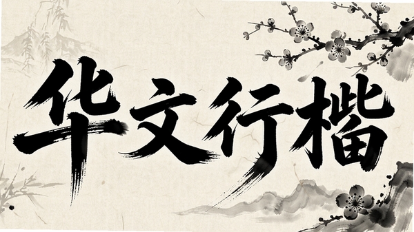 华文行楷字体展示,画面主体为巨大的毛笔笔刷写出的“华文行楷”四个大字,笔锋苍劲有力,墨迹自然晕开,背景是淡雅的宣纸纹理和几枝水墨梅花,整体色调古朴典雅,呈现出中国传统书法艺术的韵味,画质高清,细节丰富。