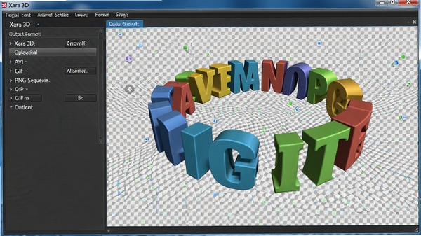 3D文字动画制作工具(Xara 3D) 导出设置界面,显示输出格式选项包括AVI、GIF、PNG序列,背景为透明网格,文字呈现立体旋转效果