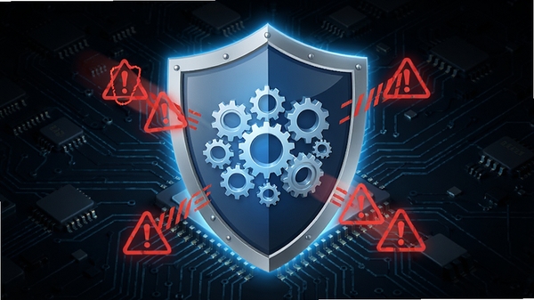 概念图展示Advanced SystemCare 5的实时防护功能,画面中一个盾牌图标守护着齿轮组成的系统核心,周围有红色警告标志被拦截,背景为深色科技感电路板,画面主体为发光盾牌,强调安全防护能力,风格写实,细节丰富