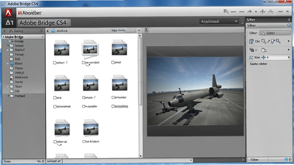 Adobe Bridge CS4 软件界面截图,展示其文件浏览窗口、预览面板和筛选工具栏,整体风格专业、整洁,背景为浅灰色调,突出软件的品牌标识和主要功能区域。