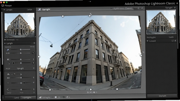 Adobe Photoshop Lightroom Classic �ľ�ͷУ�����ܽ��棬��ʾһ��������͸�ӻ���Ľ�����Ƭ������Ӧ��Upright�����Զ�У����ֱ��������������ʾ�任������У��Ԥ��������רҵ��ֱ��