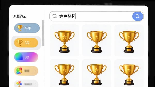 漂亮AI矢量图标软件AI智能搜索功能截图,画面中央为搜索框,输入“金色奖杯”,下方网格展示多个不同角度的3D金色奖杯图标,左侧有“风格筛选”选项栏,包含扁平、3D、渐变等标签,界面以白色为主色调,交互元素清晰,强调智能匹配的准确性