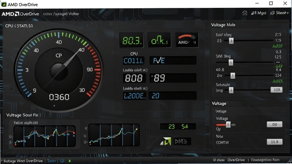 超频工具 AMD OverDrive 软件主界面截图,展示多面板布局,包含CPU状态监控仪表盘、频率调节滑块和电压控制选项,背景为深色科技感风格,界面文字清晰,整体画面明亮专业
