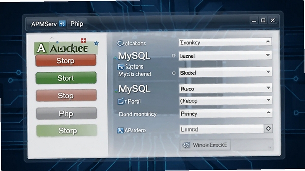 APMServ软件主界面预览图,展示其集成的Apache、MySQL、PHP组件管理面板,背景为简洁的深蓝色技术风格,界面清晰展示启动停止按钮与端口配置选项,整体画面专业且直观