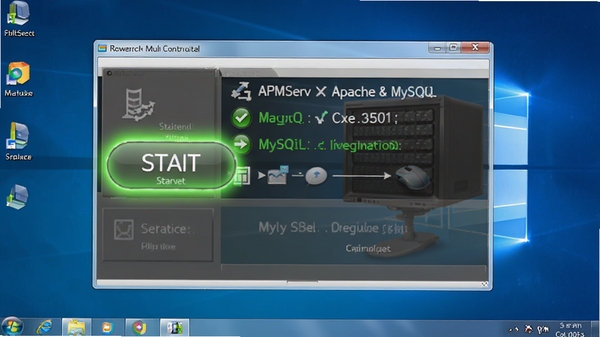 APMServ一键启动Apache与MySQL服务的操作示意图,画面展示软件主控台,启动按钮高亮,服务状态显示为绿色运行中,背景为清晰的Windows桌面环境,风格写实且突出功能操作