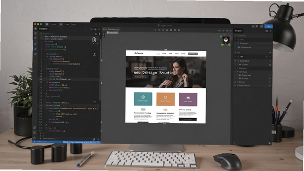 Antenna Web Design Studio主界面预览图,深色主题代码编辑器与可视化设计面板左右分栏,中央显示响应式网页画布,背景为工作台环境,整体风格专业整洁