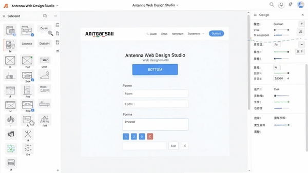 Antenna Web Design Studio可视化拖拽设计界面,左侧组件面板,中间网页画布显示按钮和表单元素,右侧属性调整栏,浅色背景,界面清晰明亮