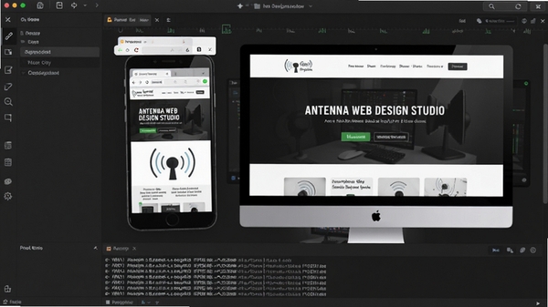 Antenna Web Design Studio实时预览窗口,浏览器模拟手机和桌面两种尺寸,页面显示响应式效果,下方控制台输出日志信息,背景为深灰色工作区