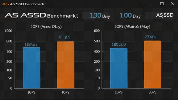 AS SSD Benchmark 4K�����д���Խ��棬��ʾIOPS��ֵ������ӳ٣���״ͼ�Աȶ�ȡ��д�����ܣ�����Ϊ�����ɫ����ͻ����������AS SSD Benchmark