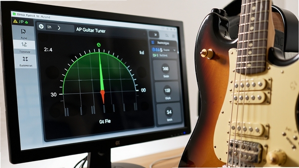 AP Guitar Tuner����������дͼ��������Ļ��ʾ�������棬ָ���ȶ����м���ɫ�����Ա���һ�ѵ缪���ľֲ���д������΢΢�𶯣���������������ͻ������������ʵ�������Ļ����У����廭�ʡ�