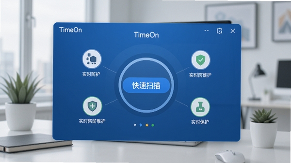 TimeOn云杀毒主界面预览图,展示简洁的蓝色调安全仪表盘,中央为快速扫描按钮,周围环绕实时防护状态图标,背景为现代办公桌面,整体风格专业且清爽