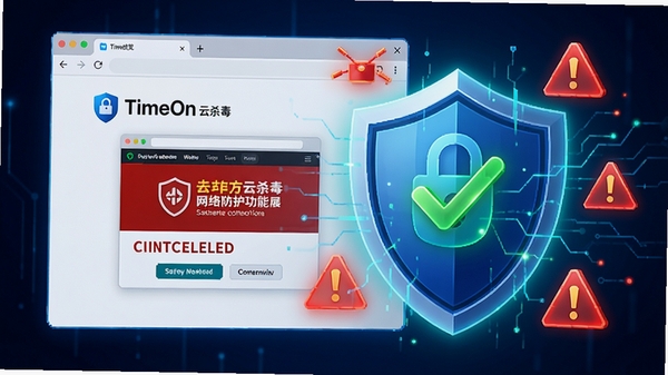 TimeOn云杀毒网络防护功能展示图,画面为浏览器窗口正在访问一个被拦截的危险网站,背景是盾牌形状的防护屏障,周围有红色警告标志和绿色安全对勾,色调鲜明,突出安全浏览场景