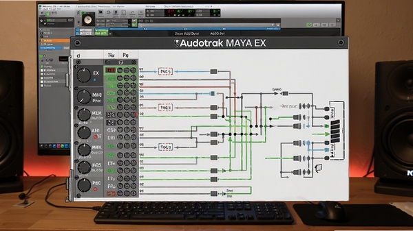 Audiotrak MAYA EX声卡ASIO驱动的内部混音器路由图,展示输入输出通道之间的连线,背景为电脑桌面上的音频软件界面,画面色彩分明,示意图清晰直观