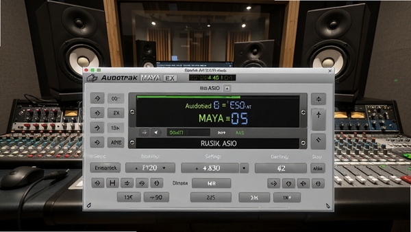 Audiotrak MAYA EX声卡ASIO驱动的延迟设置界面,显示极低的缓冲区数值,背景是录音棚环境,有监听音箱和调音台,画面突出数字音频工作站中的音频设置面板,风格专业清晰