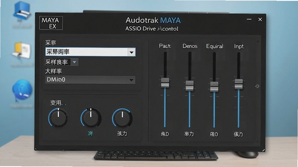 Audiotrak MAYA EX声卡ASIO驱动的控制面板操作截图,包含采样率选择下拉菜单和均衡器调节滑块,背景为简洁的桌面环境,画面突出各项调节控件,风格清晰明了